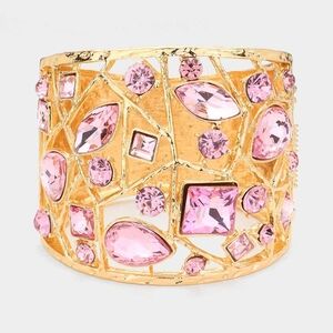 Pink Wide Crystal Metal Multi Stone Hinged Style Chunky Cuff Bracelet Gold